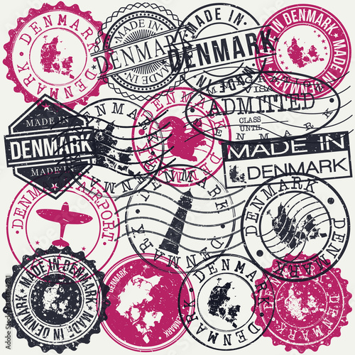 Denmark Set of Stamps. Travel Passport Stamp. Made In Product. Design Seals Old Style Insignia. Icon Clip Art Vector.