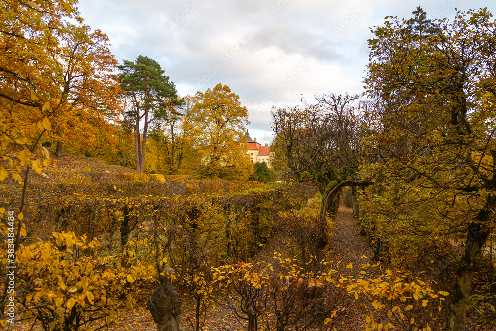 Garden in front of the palace. Autumn colors, Rogalin, Poland.