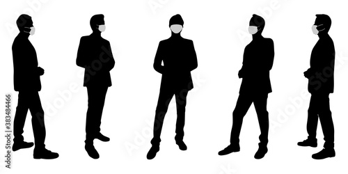 Vector concept conceptual silhouette men talking while social distancing as means of prevention and protection against coronavirus contamination. A metaphor for the new normal.