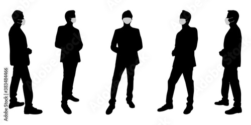 Vector concept conceptual  silhouette men talking while social distancing as means of prevention and protection against coronavirus contamination. A metaphor for the new normal.