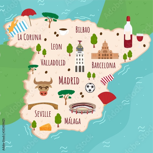 Cartoon map of Spain. Travel illustration with spanish landmarks, buildings, food and plants. Funny tourist infographics. National symbols. Famous attractions. Vector illustration.