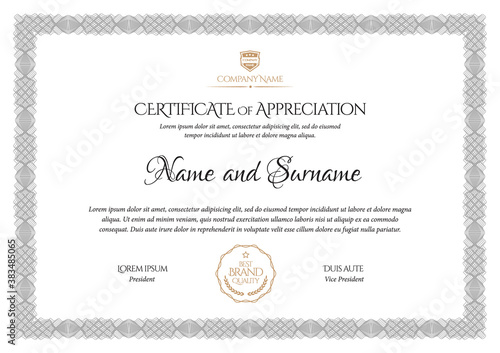 Certificate Template. Diploma of modern design or gift certificate. Frame from guilloche pattern. Elegant and expensive design. Vector illustration.