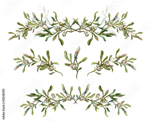 Watercolor collection of hand drawn mistletoe borders isolated on white background. Traditional Christmas decoration, festive garland, winter plant, evergreen twig with berries. Vintage style botanica