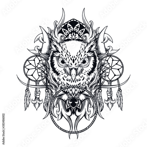 tattoo and t-shirt design black and white hand drawn owl and dream catcher engraving ornament premium vector