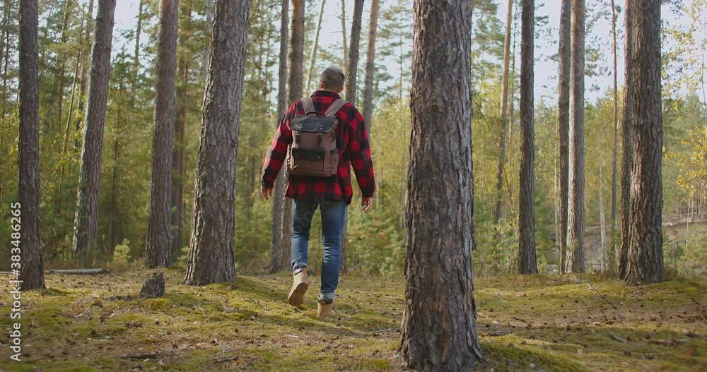 A young man walks uphill from the forest in autumn in slow motion with a backpack. A hipster man in a plaid jacket walks through a beautiful woodland area in an autumn Park A young man walks uphill from the forest in autumn in slow motion with a backpack. A hipster man in a plaid jacket walks through a beautiful woodland area in an autumn Park