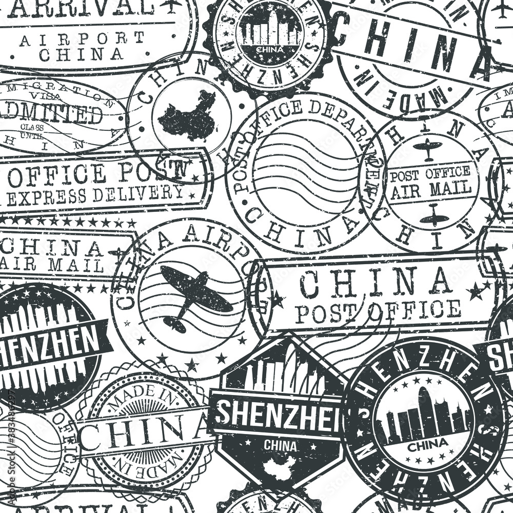 Shenzhen China Stamps. City Stamp Vector Art. Postal Passport Travel. Design Set Pattern.