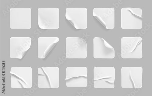 White square glued stickers with curled corners mock up set. Blank white adhesive square paper or plastic sticker label with wrinkled, crumpled effect. Blank template label tags. 3d realistic vector