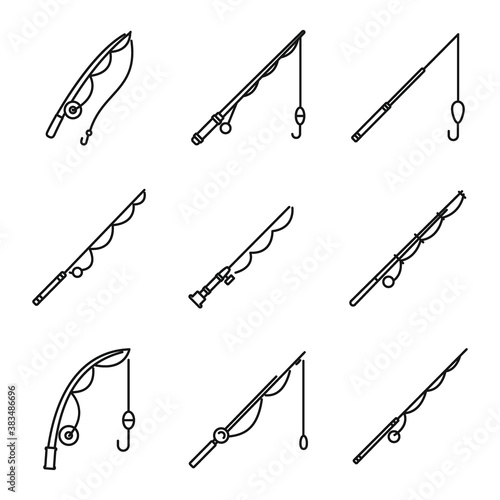 Modern fishing rod icons set. Outline set of modern fishing rod vector icons for web design isolated on white background