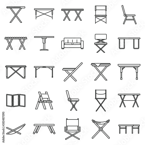 Picnic folding furniture icons set. Outline set of picnic folding furniture vector icons for web design isolated on white background