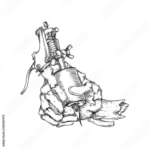 tattoo and t-shirt design black and white hand drawn skeleton hand and tattoo tools premium vector