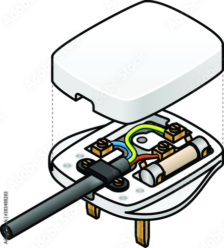 An exploded diagram of a UK mains AC plug showing the wiring and fuse.