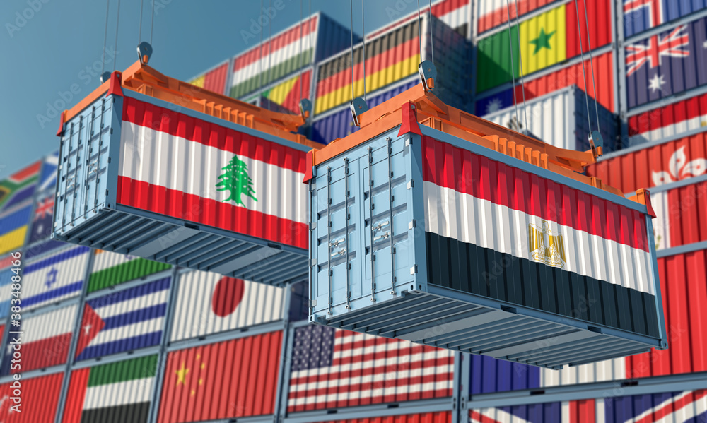 Freight containers with Lebanon and Egypt national flag. 3D Rendering 