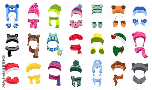 Winter headwear icons set. Cartoon set of winter headwear vector icons for web design