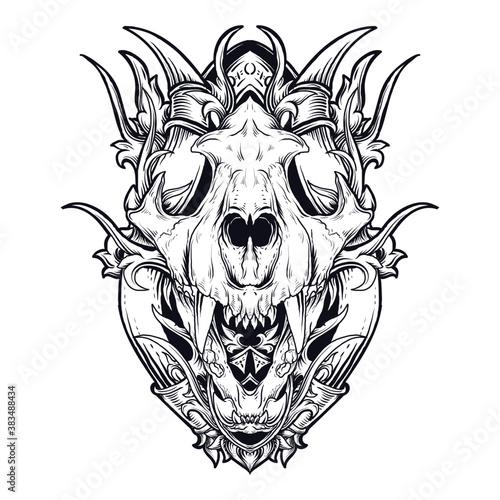 tattoo and t-shirt design black and white hand drawn tiger skull engraving ornament premium vector