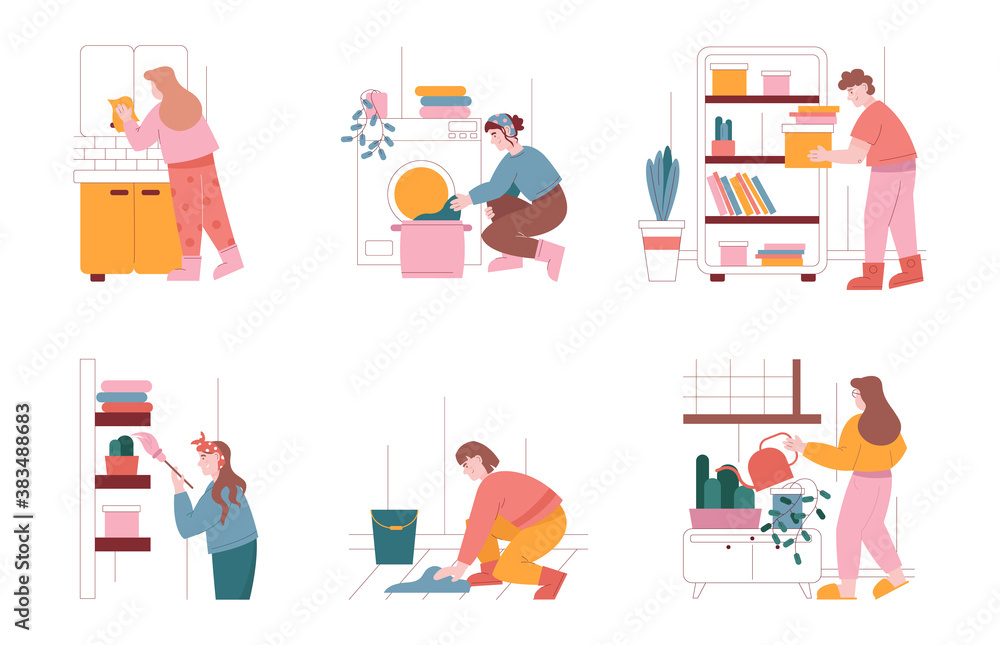 Man and woman characters clean home and do household work. Vector illustration set of people cleaning house, dusting, washing clothes. Housework, laundry, washing machine Man and woman characters clean home and do household work. Vector illustration set of people cleaning house, dusting, washing clothes. Housework, laundry, washing machine