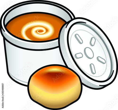 Takeaway pumpkin soup in a white styrofoam container with a bread roll.