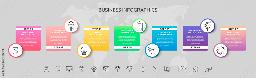 Infographics circles with 7 steps, squares. Vector template used for diagram, business, web, banner, workflow layout, presentations, timeline, content, levels, chart, processes diagram Infographics circles with 7 steps, squares. Vector template used for diagram, business, web, banner, workflow layout, presentations, timeline, content, levels, chart, processes diagram