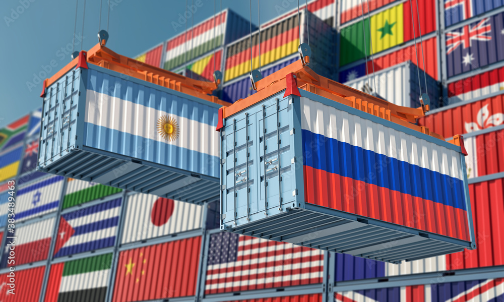 Freight containers with Russia and Argentina national flag. 3D Rendering 