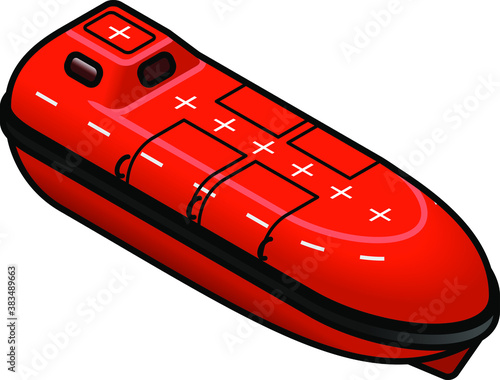 A bright orange lifeboat commonly used on oil rigs, cruise ships and ferries.