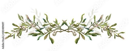 Hand drawn mistletoe border, vintage style illustration. Traditional Christmas floral decoration, festive garland, winter plant botanical watercolor. 
