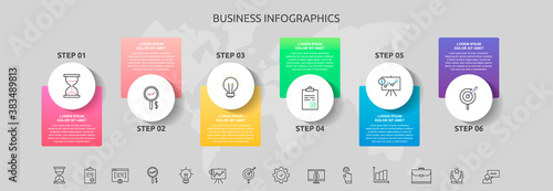 Infographics circles with 6 steps, squares. Vector template used for diagram, business, workflow layout, presentations, flowchart, info graph, timeline, content, levels, chart, processes diagram