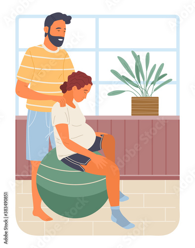 Pregnancy preparing, wife and husband make position training, man massages her back . Exercising for pregnant woman sitting on fitness ball. Female character waiting for childbirth with caring man