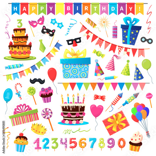 Birthday party objects vector illustration set. Cartoon flat anniversary day celebration collection with burning candles on birthdate cake  balloon flags  surprise gift decoration isolated on white