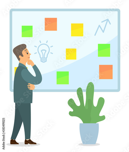 Business idea development, generation of innovation concept. Man thinking about promotion, brainstorming. Office worker near presentation poster with idea bulb. Business and motivation banner