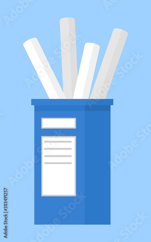 Pen holder dark blue with sticker office equipment. White pen or pencils in vertical plastic box. Office and home supply stationery and education. Vector illustration flat style clerical glass