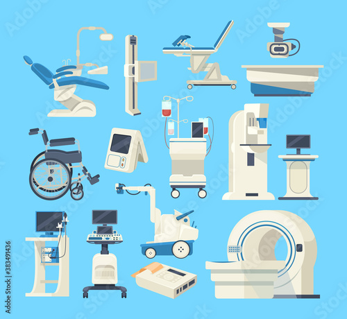 Hospital medical diagnostic equipment. Medical devices, health system, monitoring. Tomograph, scanner, x-ray, dentist chair, mammography, blood transfusion gynecology, fluorography, wheelchair