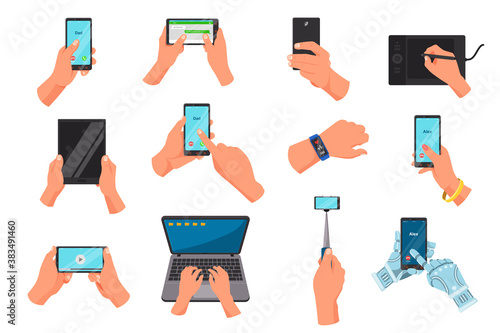 Hand with gadget vector illustration set. Cartoon flat human hand holding black screen mobile phone or smartphone with messages, cellphone laptop tablet. Social networking gadgetry isolated on white