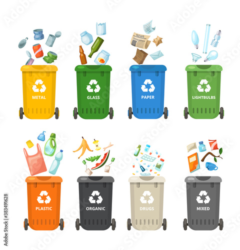 Trash in garbage cans with sorted garbage for organic, paper, plastic, glass, metal, drugs, light bulbs. Separation of garbage into different containers. Recycling sorting, waste collection