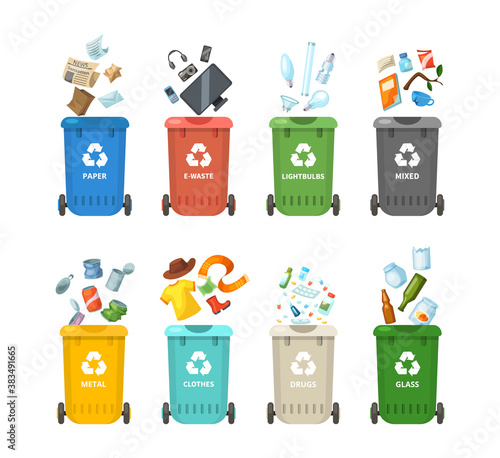 Trash in garbage cans with sorted garbage for paper, clothes, glass, metal, drugs, light bulbs, e-waste. Separation of garbage into different containers. Recycling sorting, waste collection