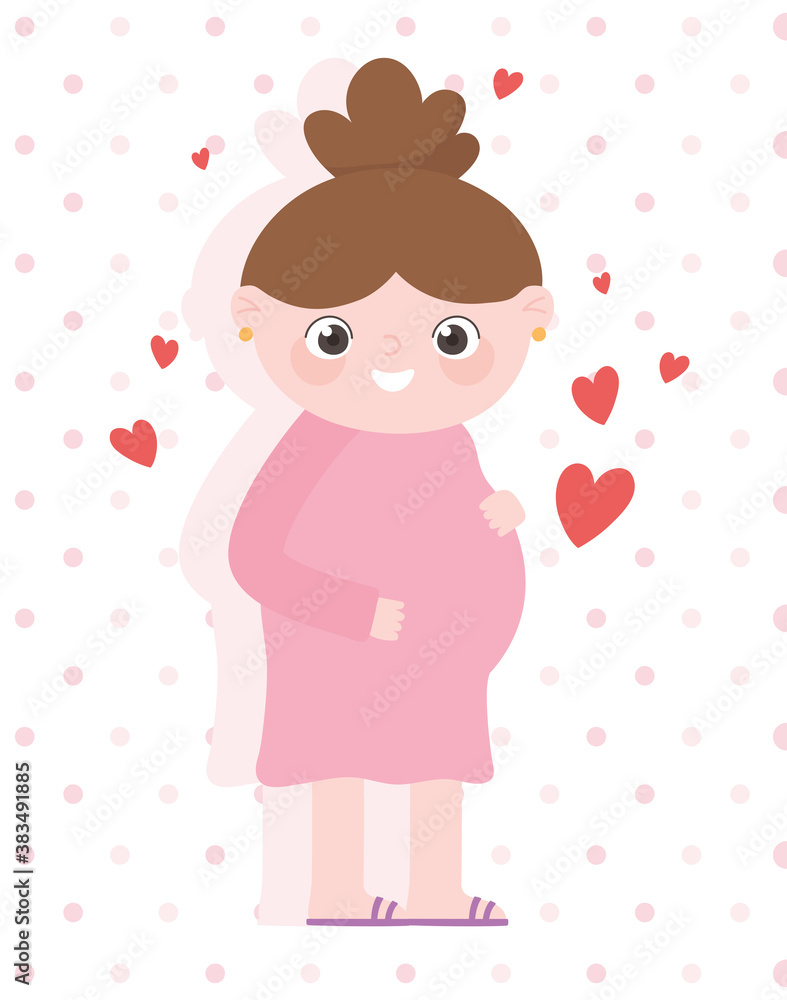 pregnancy and maternity, cute pregnant woman with hearts love cartoon