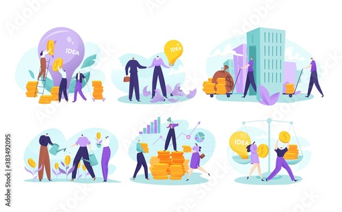 Business investment, profit concept vector illustration. Cartoon flat businessman character investing gold money coins, people investors increasing financial wealth, finance growth isolated on white