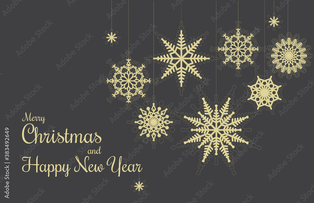 Fototapeta premium New Year and Christmas greeting card design with decorative snowflakes design. Vector line illustration.