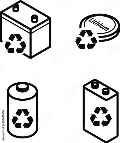 Recycling icons - dry cell battery, lead acid battery, lithium battery.