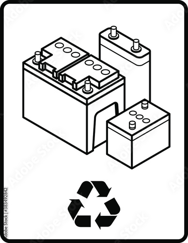 Recycling sign with an arrangement of lead acid batteries.