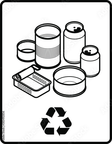 Recycling sign with an arrangement of tin cans and soda cans.