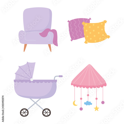 pregnancy and maternity, baby pram chair cushions and mobile crib icons