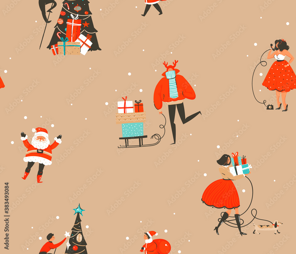 Hand drawn vector abstract fun stock flat Merry Christmas,and Happy New Year time cartoon festive seamless pattern with cute illustrations of Xmas retro gift boxes isolated on color background Hand drawn vector abstract fun stock flat Merry Christmas,and Happy New Year time cartoon festive seamless pattern with cute illustrations of Xmas retro gift boxes isolated on color background