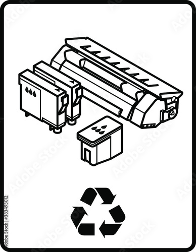 Recycling sign with an arrangement of printer consumables.