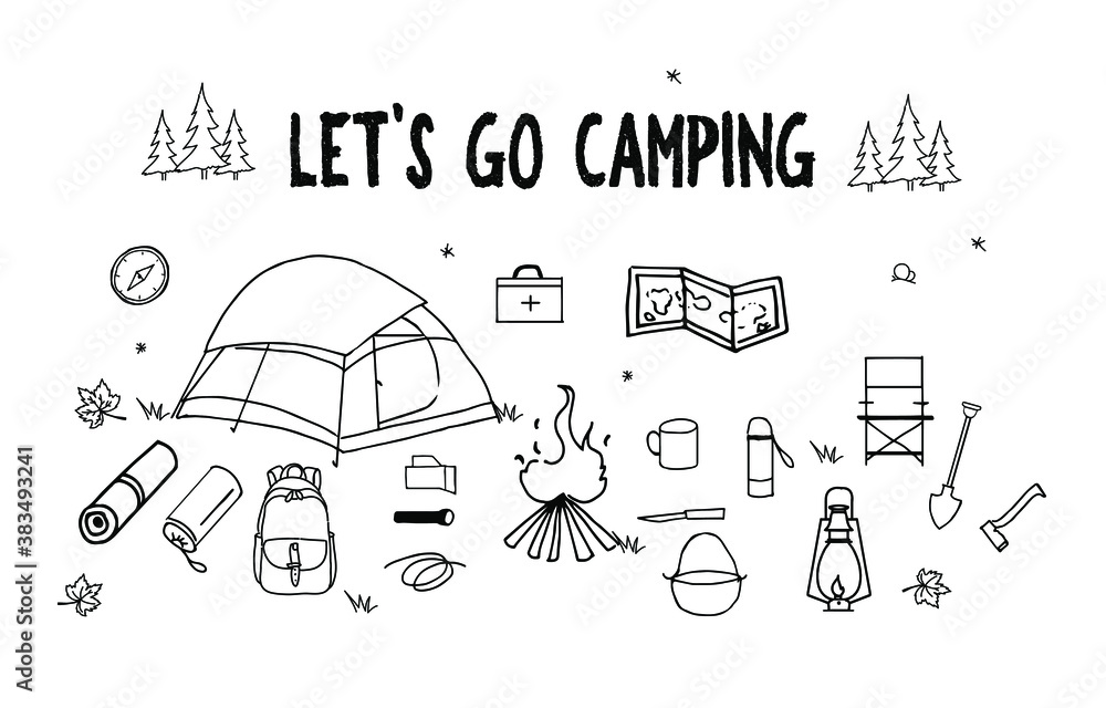 Camping icons and equipment doodle vector illustration. Lets go camping doodle banner.