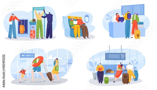 People in airport vector illustration set. Cartoon flat man woman traveller characters with luggage waiting in lounge, family tourists walking, passengers sitting in airplane cabin isolated on white