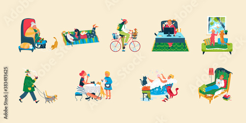 People and cats vector illustration. Cartoon flat man woman characters sit in home cozy armchair, kitty owners walk or sleep with own kitten pet, hug and love cute domestic animal, cat adoption set