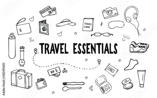 Hand drawn travel essential vector in doodle style white background. Overhead view of essential things for packing. Travel accessories doodle icon set.