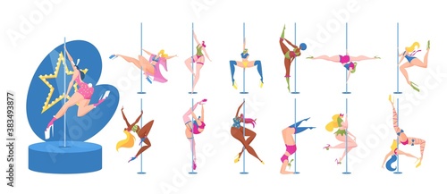 Pole dance girls vector illustration. Cartoon flat collection of dancer stripper woman characters in bikini dancing poses on pole, erotic striptease on stage in strip night club set isolated on white