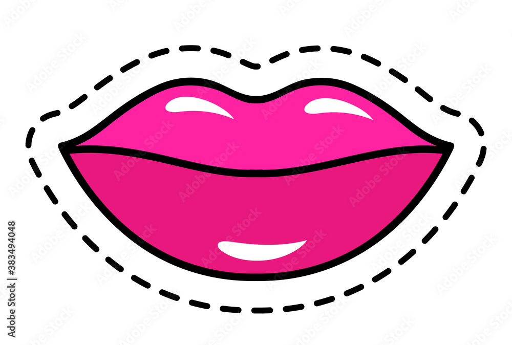 Female cartoon pink lips with dashed line outline. Icon, sign, symbol, patch design modern style, nice shiny glamour woman lips, a good mood sticker vector illustration isolated on white background