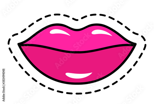 Wallpaper Mural Female cartoon pink lips with dashed line outline. Icon, sign, symbol, patch design modern style, nice shiny glamour woman lips, a good mood sticker vector illustration isolated on white background Torontodigital.ca
