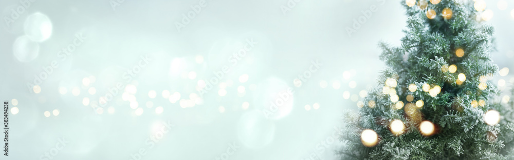 Christmas winter bokeh background. Christmas tree with snow and abstract bokeh lights. Festive holiday background with short depth of field and space for text. Horizontal new year winter design.